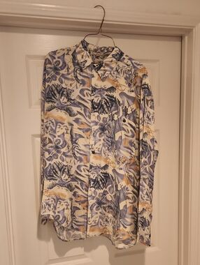 Abstract Botanical Print Button-Up Silk Shirt in Blue and Tan